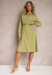 Jasnozielona Koszulowa Sukienka z Gumką w Pasie i Materiałowym Paskiem Giseria. Zielone sukienki Renee, l, bez wzorów, z materiału, eleganckie, bez kołnierzyka, bez ramiączek, midi, dopasowane. Za 89.99 zł.