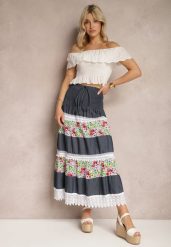 Granatowo-Biała Bawełniana Spódnica High Waist z Gumką w Talii i Ozdobną Koronką Tesaquin. Niebieskie spódnice Renee, na co dzień, l, bez wzorów, z bawełny, wakacyjne, maxi. Za 49.99 zł.