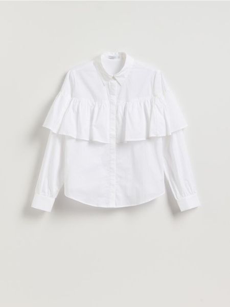 Koszula z falbaną - biały. Białe koszule Reserved, l, bez wzorów, z bawełny, bez kołnierzyka, bez ramiączek. Za 129.99 zł.