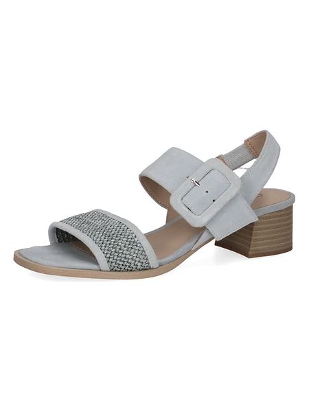 Caprice Skórzane sandały w kolorze błękitnym na obcasie rozmiar: 38. Niebieskie sandały Caprice, bez wzorów, z otwartym noskiem, bez obcasa, na koturnie, bez zapięcia. Za 123.53 zł.