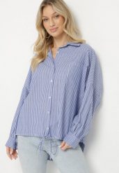 Niebieska Bawełniana Koszula Oversize w Paski ze Ściągaczem Elineola. Niebieskie koszule Born2be, uniwersalny, bez wzorów, z bawełny, eleganckie, bez kołnierzyka, bez ramiączek. Za 129.99 zł.