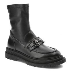 Botki damskie CheBello, ze skóry naturalnej licowej z elastyczną dopasowującą się cholewką wsuwaną konstrukcją, czarne, 3053-401-MIC-S230. Czarne botki CheBello, bez wzorów, z materiału, bez obcasa, na obcasie, bez zapięcia. Za 424.99 zł.