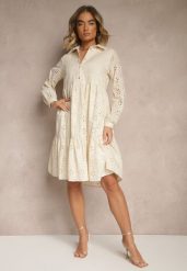 Beżowa Haftowana Sukienka z Bawełny Folisse. Brązowe sukienki Renee, l, bez wzorów, z bawełny, eleganckie, bez kołnierzyka, bez ramiączek, midi. Za 119.99 zł.