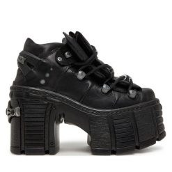 Botki NEW ROCK. Czarne botki NEW ROCK, bez wzorów, bez obcasa, na słupku, bez zapięcia. Za 1,399.00 zł.