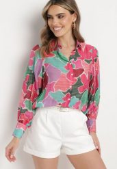 Różowo-Zielona Koszula Zapinana na Guziki z Rękawami Wykończonymi Szerokimi Mankietami Fumina. Czerwone koszule Born2be, l, bez wzorów, z jeansu, eleganckie, bez kołnierzyka, bez ramiączek. Za 129.99 zł.