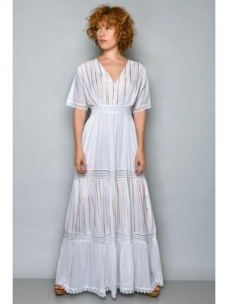 H.H.G. Sukienka w kolorze złoto-białym rozmiar: L. Białe sukienki H.H.G., l, bez wzorów, z bawełny, bez kołnierzyka, bez ramiączek, maxi, rozkloszowane. Za 61.46 zł.