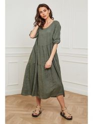 Plume Lniana sukienka "Depay" w kolorze khaki rozmiar: M. Brązowe sukienki Plume, m, bez wzorów, ze lnu, bez kołnierzyka, bez ramiączek, midi. Za 224.52 zł.