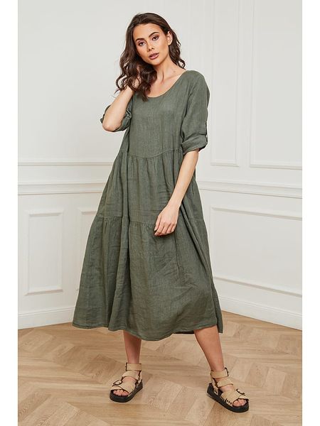 Plume Lniana sukienka "Depay" w kolorze khaki rozmiar: M. Brązowe sukienki Plume, m, bez wzorów, ze lnu, bez kołnierzyka, bez ramiączek, midi. Za 230.00 zł.