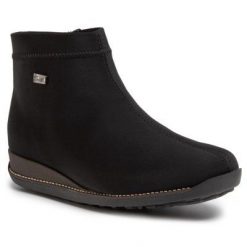 RIEKER 98251-00 Czarny. Czarne botki Rieker, bez wzorów, z materiału, bez obcasa, bez zapięcia. Za 269.99 zł.