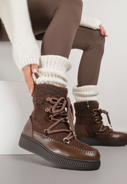 Brązowe Śniegowce z Futerkiem i Ozdobnymi Przeszyciami Zerfe. Brązowe trapery i śniegowce Born2be, z jeansu. Za 159.99 zł.