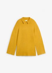 Sweter oversize ze stójką i rozcięciami po bokach. Żółte swetry bonprix, bez wzorów, bez ramiączek. Za 119.99 zł.