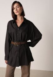 Czarna Długa Koszula Oversize z Bawełny i Wiskozy z Paskiem z Klamrą Thessalonike. Czarne koszule Born2be, m, bez wzorów, z bawełny, bez kołnierzyka, bez ramiączek. Za 139.99 zł.