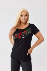 Czarna bawełniana bluzka z haftem kwiatowym i wiązaniem z frędzlami OVERSIZE PLUS SIZE WIOSNA LATO. Czarne bluzki Moda Size Plus Iwanek, l, z aplikacjami, z bawełny, biznesowe, bez kołnierzyka, plus size, bez ramiączek. Za 129.90 zł.