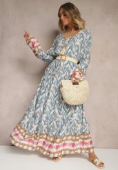 Niebieska Wiskozowa Sukienka z Printem w Stylu Boho z Chwostami Erianea. Niebieskie sukienki Renee, na co dzień, l, bez wzorów, z wiskozy, boho, bez kołnierzyka, bez ramiączek, maxi, proste. Za 69.99 zł.