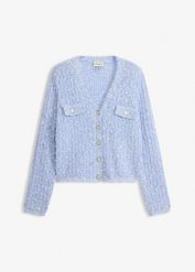 Kardigan z przędzy bouclé. Niebieskie kardigany bonprix, bez wzorów. Za 189.99 zł.