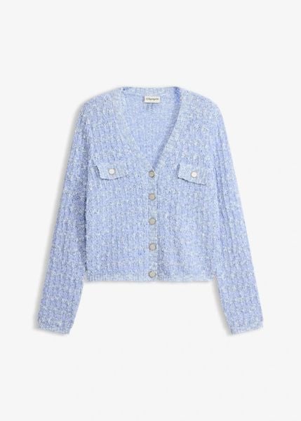 Kardigan z przędzy bouclé. Niebieskie kardigany bonprix, bez wzorów. Za 189.99 zł.