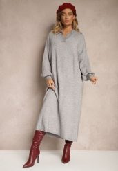 Szara Sweterkowa Sukienka z Wiskozą o Pudełkowym Kroju Ozdobiona Kołnierzykiem Clarinnae. Szare sukienki Renee, bez wzorów, z wiskozy, eleganckie, bez kołnierzyka, bez ramiączek, maxi, kopertowe. Za 114.99 zł.