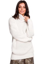 Biały Oversizowy Sweter-Tunika z Golfem. Białe golfy MOE, l, bez wzorów, z materiału, bez ramiączek. Za 203.90 zł.