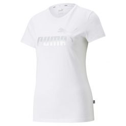 Damska koszulka z metalicznym logo Essentials+ PUMA White Silver Metallic. Białe bluzki Puma, s, bez wzorów, eleganckie, bez kołnierzyka, bez ramiączek. Za 69.00 zł.