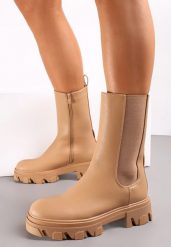 Brązowe Botki Sztyblety w Stylu Chunky z Łańcuchem Retrona. Brązowe botki Renee, na zimę, bez wzorów, z materiału, z okrągłym noskiem, bez obcasa, na platformie, bez zapięcia. Za 69.99 zł.
