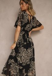 Czarna Rozkloszowana Sukienka z Wiązaniem w Kwiatowy Wzór Jeloiti. Czarne sukienki Renee, na co dzień, l, bez wzorów, eleganckie, bez kołnierzyka, bez ramiączek, maxi, proste. Za 79.99 zł.