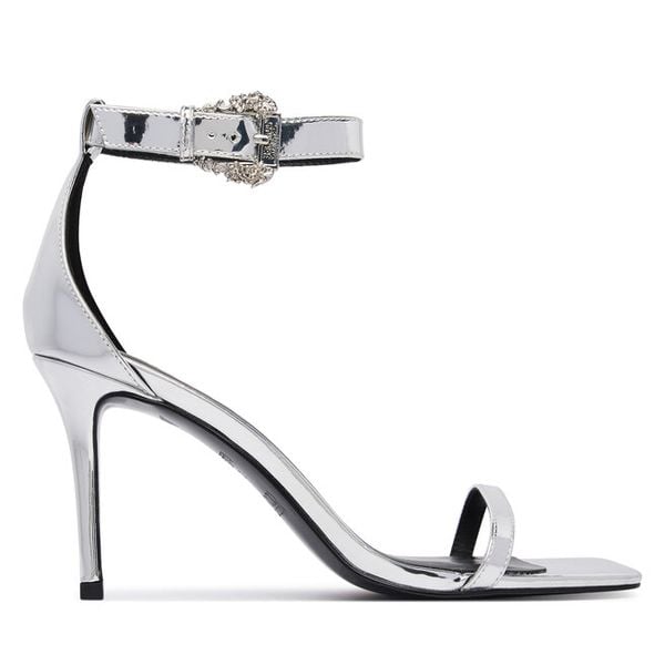 Sandały Versace Jeans Couture. Szare sandały Versace Jeans Couture, bez wzorów, z jeansu, bez obcasa, na szpilce, bez zapięcia. Za 697.99 zł.