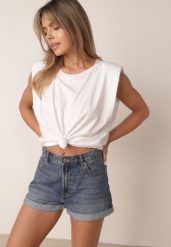 Biały Bawełniany Top Oversize Bez Rękawów z Wiązaniem i Poduszkami w Ramionach Apixie. Białe topy Born2be, bez wzorów, z bawełny, bez kołnierzyka, bez ramiączek. Za 69.99 zł.