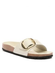 Birkenstock Klapki Madrid Big Buckle 1025298 Beżowy. Brązowe klapki Birkenstock, bez wzorów, z lakierowanej skóry, bez obcasa. Za 589.99 zł.