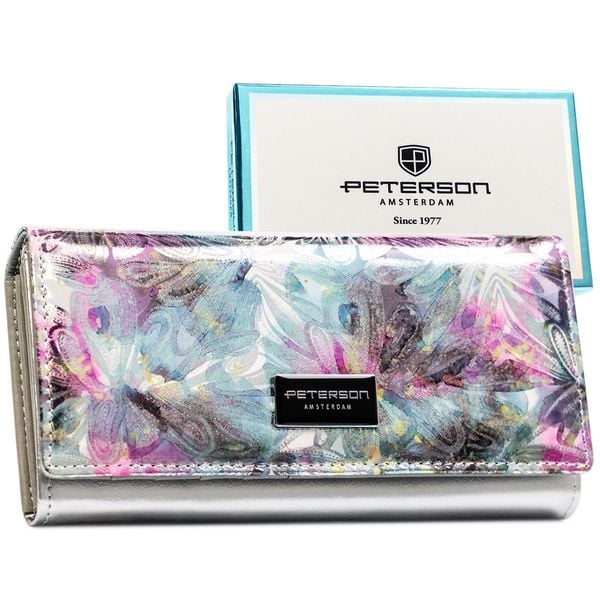 Wielokolorowy portfel damski z systemem RFID zamykany na zatrzask PTN PX22-1-NPK Peterson. Portfele Peterson, bez wzorów, ze skóry. Za 119.99 zł.