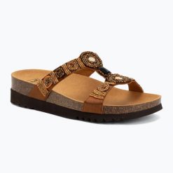 Klapki damskie Scholl New Bogota Wedge Med. Brązowe klapki Scholl, bez wzorów, z gumy, bez obcasa. Za 289.99 zł.