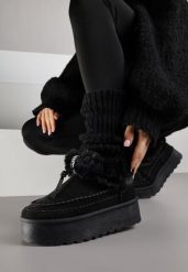 Czarne Śniegowce na Platformie Ozdobione Futerkiem i Przeszyciami Linerva. Czarne trapery i śniegowce Renee, z jeansu. Za 89.99 zł.
