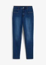 Jeansy mom ze stretchem, high waist. Niebieskie jeansy bonprix, bez wzorów, z podwyższonym stanem. Za 109.99 zł.