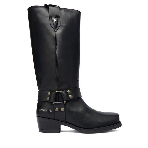 Kozaki REPLAY. Czarne kozaki Replay, bez obcasa, na płaskiej podeszwie, bez zapięcia. Za 889.99 zł.