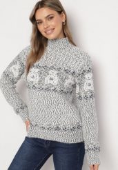 Ciemnoszary Sweter z Wełną w Misiowy Wzór ze Ściągaczami Dorizelle. Szare swetry Born2be, l, bez wzorów, z wełny, bez ramiączek. Za 69.99 zł.