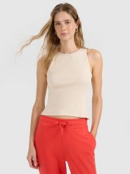 4F Top slim gładki damski - beżowy XL. Brązowe topy 4f, xl, bez wzorów, z bawełny, bez kołnierzyka, bez ramiączek. W wyprzedaży za 29.99 zł.
