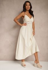 Beżowa Sukienka Boho z Wiskozą i Lnem o Rozkloszowanym Kroju z Haftem Annilsa. Brązowe sukienki Renee, na co dzień, m, bez wzorów, z wiskozy, boho, bez kołnierzyka, bez ramiączek, maxi, dopasowane. Za 129.99 zł.