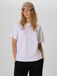 4F T-shirt loose z nadrukiem damski - biały S. Białe t-shirty 4f, m, bez wzorów, z bawełny, bez kołnierzyka, bez ramiączek. Za 79.99 zł.
