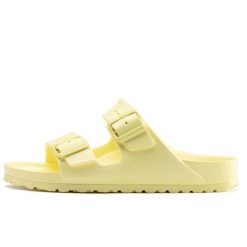 Sandały Birkenstock Arizona Eva Popcorn Damskie. Żółte sandały Birkenstock, bez wzorów, z materiału, bez obcasa, bez zapięcia. Za 335.00 zł.
