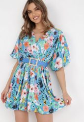 Niebieska Sukienka z Paskiem Appialla. Niebieskie sukienki Born2be, na lato, l, z aplikacjami, eleganckie, bez kołnierzyka, bez ramiączek, mini, kopertowe. Za 179.99 zł.