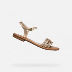 Sandały GEOX D SOZY S Złoty. Żółte sandały Geox, bez wzorów, ze skóry, bez obcasa, bez zapięcia. Za 262.99 zł.