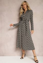 Czarno-Biała Koszulowa Sukienka Midi Ozdobiona Geometrycznym Wzorem i Wiązanym Paskiem Aripel. Czarne sukienki Renee, l, bez wzorów, z materiału, eleganckie, bez kołnierzyka, bez ramiączek, midi, koszulowe. Za 99.99 zł.