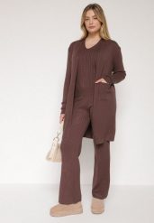 Brązowy Komplet Dzianinowy z Bawełną Spodnie Kamizelka i Długi Kardigan Meviravia. Brązowe kardigany Born2be, bez wzorów, z bawełny. Za 139.99 zł.