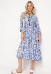 Niebieska Rozkloszowana Sukienka w Stylu Boho Wiązana przy Dekolcie z Falbankami Dimasia. Niebieskie sukienki Born2be, na imprezę, l, bez wzorów, boho, bez kołnierzyka, bez ramiączek, midi, rozkloszowane. Za 109.99 zł.