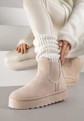 Beżowe Śniegowce na Platformie Typu Sztyblety Ahelina. Brązowe trapery i śniegowce Renee, z jeansu. Za 89.99 zł.