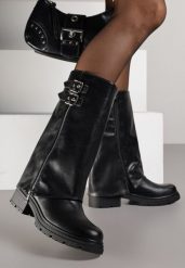 Czarne Botki z Cholewką Imitującą Nogawkę z Suwakiem i Klamrami Devea. Czarne botki Born2be, z aplikacjami, z jeansu, bez obcasa, na płaskiej podeszwie, bez zapięcia. Za 179.99 zł.