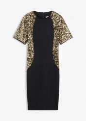 Sukienka mini z cekinami. Czarne sukienki bonprix, bez wzorów, eleganckie, bez kołnierzyka, bez ramiączek, mini, dopasowane. Za 169.99 zł.