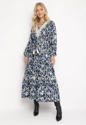 Granatowo-Niebieska Sukienka Maxi z Gumką w Pasie i Falbankami oraz Ażurową Tasiemką Juliene. Niebieskie sukienki Born2be, na imprezę, l, w ażurowe wzory, bez kołnierzyka, bez ramiączek, maxi. Za 74.99 zł.