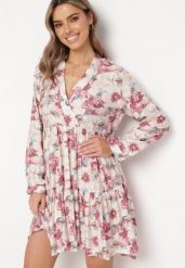 Beżowo-Różowa Sukienka Mini w Kwiaty z Rozkloszowanym Falowanym Dołem Darae. Brązowe sukienki Born2be, l, bez wzorów, bez kołnierzyka, bez ramiączek, mini, kopertowe. Za 89.99 zł.