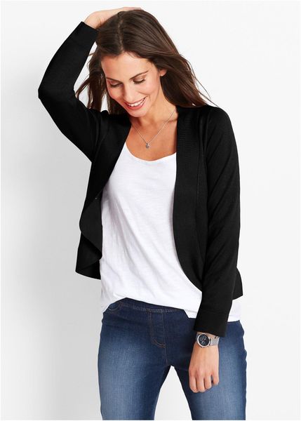 Krótki sweter rozpinany z lejącą wiskozą. Czarne kardigany bonprix, bez wzorów, z wiskozy. Za 79.99 zł.