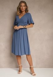 Granatowa Rozkloszowana Sukienka z Bawełnianej Tkaniny Lirioneae. Niebieskie sukienki Renee, na co dzień, l, bez wzorów, z bawełny, eleganckie, bez kołnierzyka, bez ramiączek, midi, rozkloszowane. Za 49.99 zł.